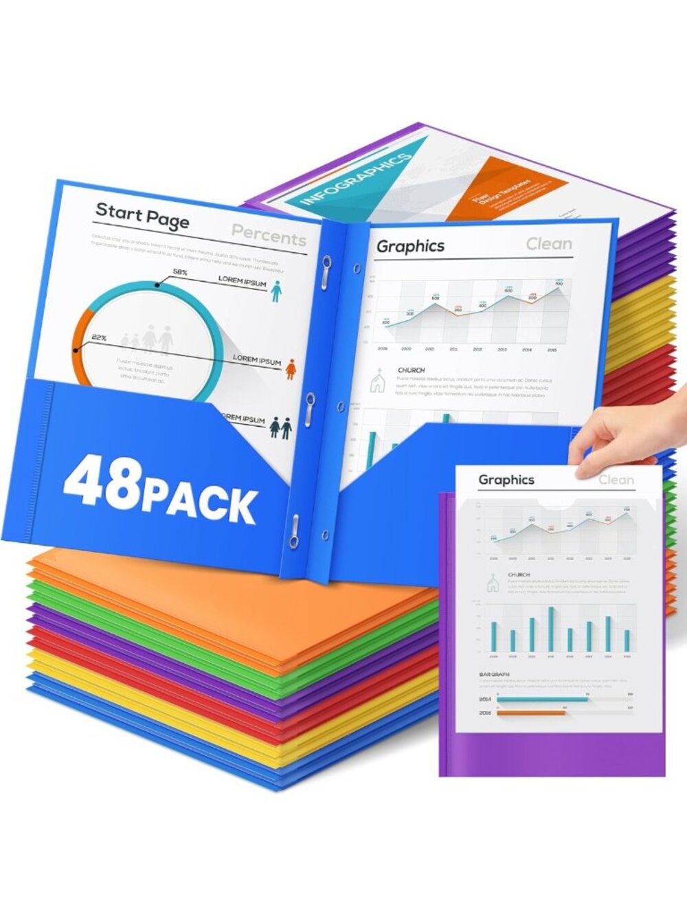 48 Pack Heavy Duty 2 Pocket Plastic Folders with Clear Front, Ideal for School
